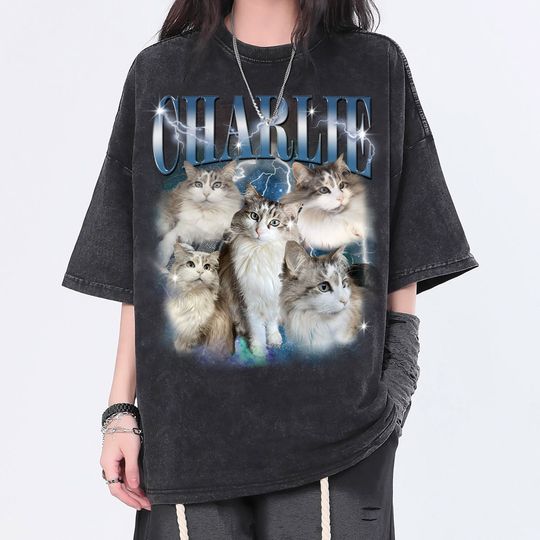 Discover Camisa lavada vintage personalizada para animais de estimação, camiseta unissex com gráfico de gato personalizado, camiseta retrô dos anos 90